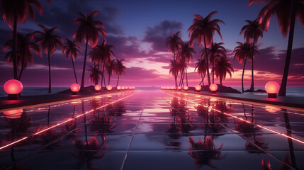Glowing pink orbs line a reflective pathway by the ocean at sunset, with palm trees and serene sky. Generative AI - obrazy, fototapety, plakaty