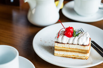  cake on table with tea, dessert, relax time