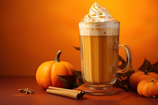 
A tall glass with an orange pumpkin spice latte coffee drink with whipped cream topping or milk and cinnamon sprinkles on seamless orange background, autumnal decoration, Generative AI
