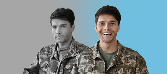 Mental Problems Concept. Happy And Upset Portraits Of Man In Military Uniform - Powered by Adobe