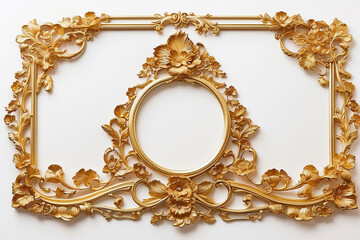 Elegant golden floral frame on a white background, with intricate rose and leaf details, suitable for art or photo display.