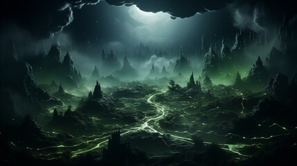 Moonlit fantasy landscape with glowing river and mystic mountains. Generative AI