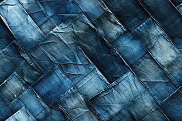 seamless texture pattern with seams and pleats of light blue denim on jeans background - obrazy, fototapety, plakaty