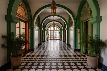 Fototapeta premium spanish revival corridor with tile-adorned archways
