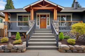 Fototapeta na wymiar entrance to a craftsman style house with wooden pillars and stone steps