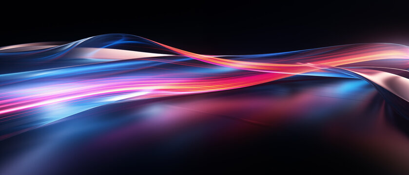 abstract graphic design background with light waves and lines on a dark background - theme technology and speed