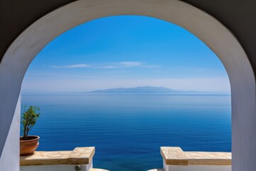 blue sea view from high stucco archway