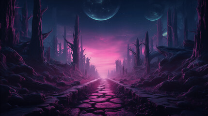 Mystical forest pathway under twin moons at twilight. Generative AI