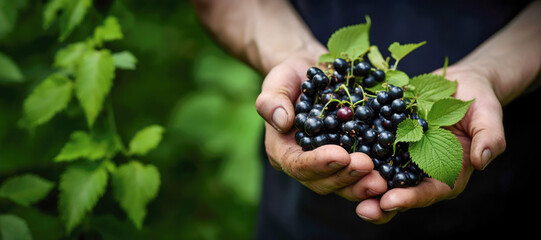 The closeup of a farmer's hand picking ripe black currants, a healthy and organic fruit.