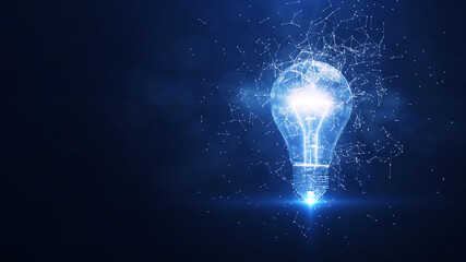 Electric light bulb bright polygonal connections on a dark blue background. Technology concept innovation artificial intelligence brainstorming business success. - obrazy, fototapety, plakaty