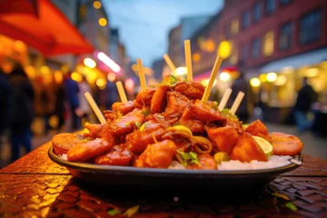 Tuinposter beloved German cuisine, savoring fresh currywurst at the bustling market stall. © EdNurg