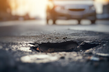 A pothole on an asphalt road, illuminated by sunlight, showcasing the need for repair in the downtown area. - obrazy, fototapety, plakaty