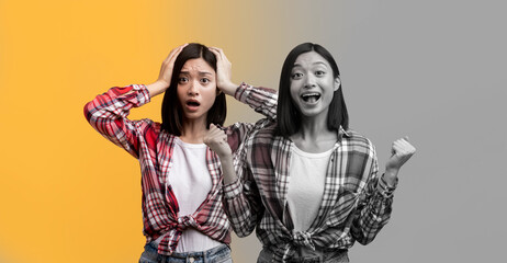 Creative collage with young asian woman expressing contrasting emotions