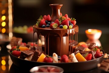 Fototapeta na wymiar a bubbling chocolate fountain with skewered fruits and treats