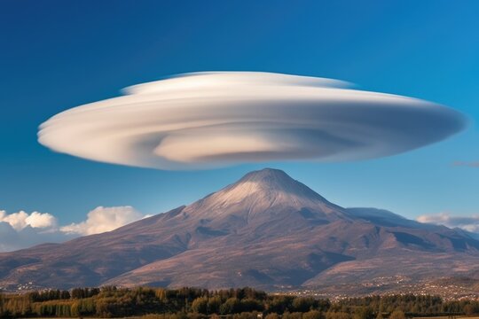 lenticular cloud hovering over a mountaintop