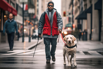 A blind person and their trusted guide dog cross a bustling street, highlighting the remarkable assistance and safety provided by these dedicated animal companions. - obrazy, fototapety, plakaty