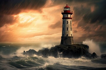 A captivating image of a lighthouse standing tall against a dramatic sea backdrop - obrazy, fototapety, plakaty