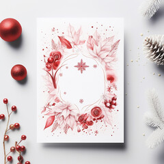 Christmas greeting card mockup with red berries, pine cones and snowflakes
