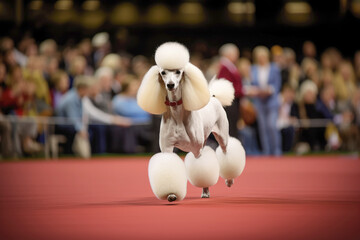 A white poodle at a dog grooming show, showcasing its purebred beauty.