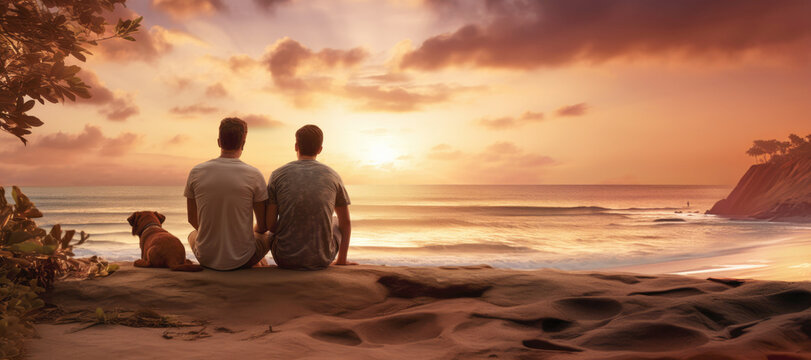 A portrait of two men, part of a loving homosexual relationship, smiling and embracing on a summer evening by the sea.