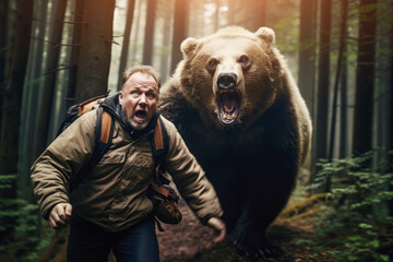 a backpacker hurriedly running away from a bear in a survival situation, underscoring the dangers of wildlife encounters in the wilderness. - obrazy, fototapety, plakaty