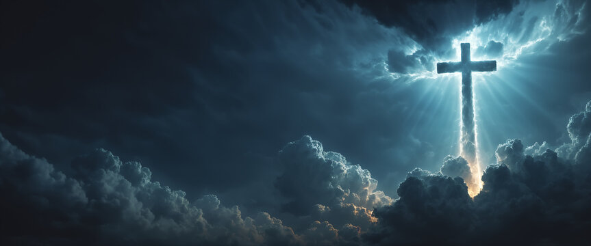 Ascending cross of light in the sky with clouds