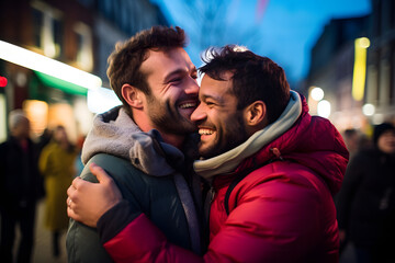Gay Couple - Urban Joy: Enjoying a Night of Fun, Romance, and Support - obrazy, fototapety, plakaty