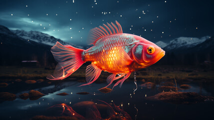 Fototapeta premium Fantasy glowing fish, abstract wallpaper, background. Generative AI