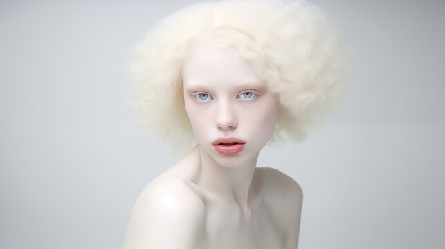  portrait of refined beautiful albinos young woman in white colors