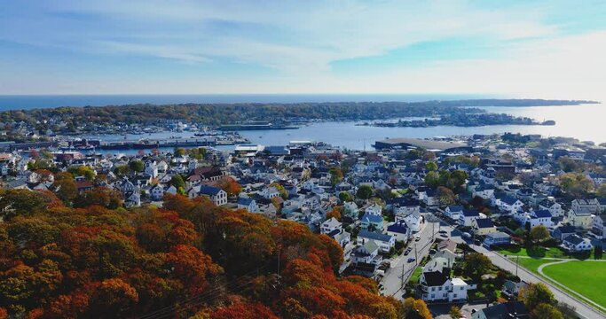 Autumn aerial, drone, video the City of Gloucester, Massachusetts, MA, USA.	