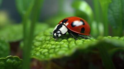 Fototapeta premium ladybug on green grass with dew drops macro close up