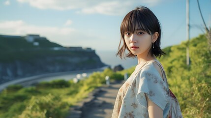 丘の上から海を見つめる日本人女性 - obrazy, fototapety, plakaty