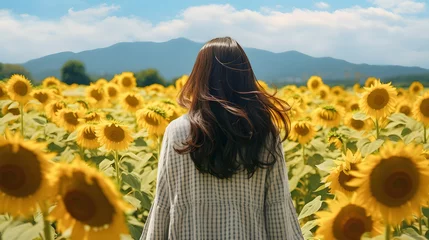 Selbstklebende Fototapeten ひまわり畑に立つ女性 © 敬一 古川