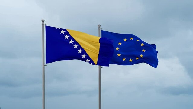 European Union and Bosnia and Herzegovina flag waving together on cloudy sky, endless seamless loop