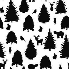 cute hand drawn abstract simple black and white seamless vector pattern background illustration winter forest with trees, bears, rabbits, birds and reindeer