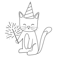 cute black and white hand drawn cartoon character cat with sparkler funny vector coloring art illustration for new year holidays, birthday and other celebration 