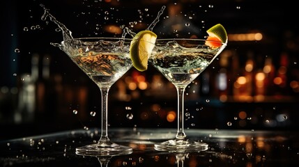 Martini glasses with splashes of water and fruits on black background - obrazy, fototapety, plakaty