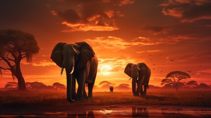 Fototapeta na wymiar Family of elephants walking through the savana at sunset. Amazing African wildlife. Generative AI