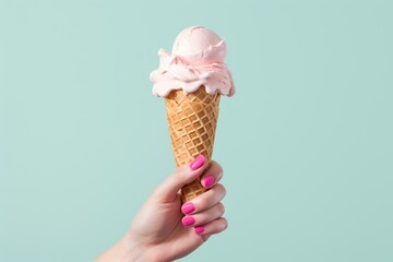 Hand with ice cream, blue background, photorealistic, Generative AI