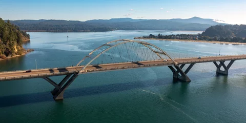 Foto op Plexiglas Aslea Bridge in Waldport, Oregon Coast, United States - Aerial Photograph looking inland along the Alsea River toward the Coast Range © Kirk