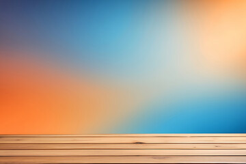 Naklejka na ściany i meble Wooden Table With orange and blue blurred background