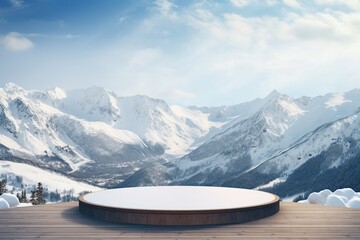 Podium mockup on a winter-themed set, snowy mountain background, Generative AI