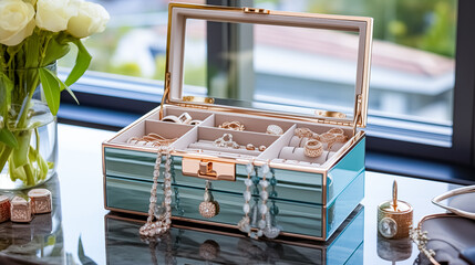 jewelry box with gold earrings and jewelry on a table. 
accessory box with wedding rings on a table in the room. - obrazy, fototapety, plakaty