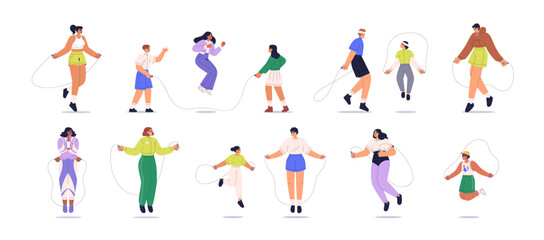 Characters jumping with skipping rope set. Cardio workout, kids game. Happy people doing aerobic exercise, sports activity. Hops training. Flat vector illustrations isolated on white background - obrazy, fototapety, plakaty