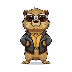 Groundhog in sunglasses and jacket cartoon vector illustration. Groundhog day