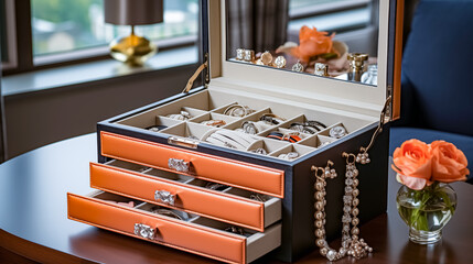 jewelry box with gold earrings and jewelry on a table. 
accessory box with wedding rings on a table in the room.