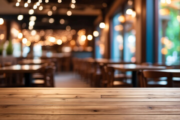 Wooden table top for product display with lights bokeh on blur restaurant background