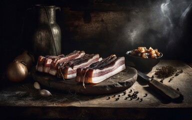 freshly smoked Black Forest bacon in a rustic farmhouse kitchen, AI generated - obrazy, fototapety, plakaty