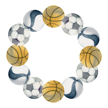 Hand drawn watercolor sports equipment, basketball volleyball soccer football, health fitness lifestyle. Illustration isolated wreath frame white background. Design poster, print, website, card, shop