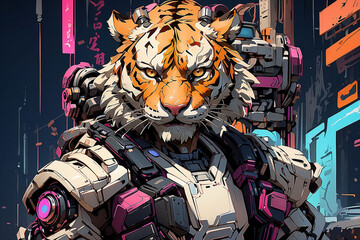 tiger illustration with cyberpunk style - obrazy, fototapety, plakaty